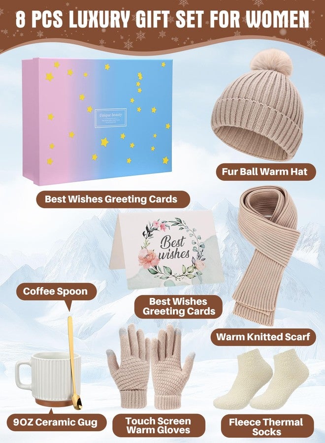 Funnysoft Christmas Gift for Women Hat Glove Scarf Socks Set for Winter White Ceramic Mugs with Spoon and Greeting Card(Beige) - Image 2